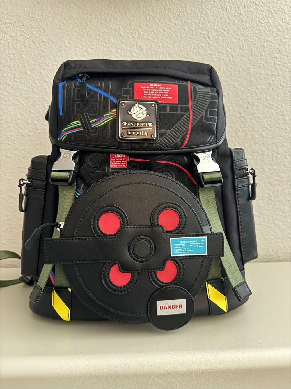 Loungefly Black Backpack with Red, Yellow & Green Proton Pack Accents
